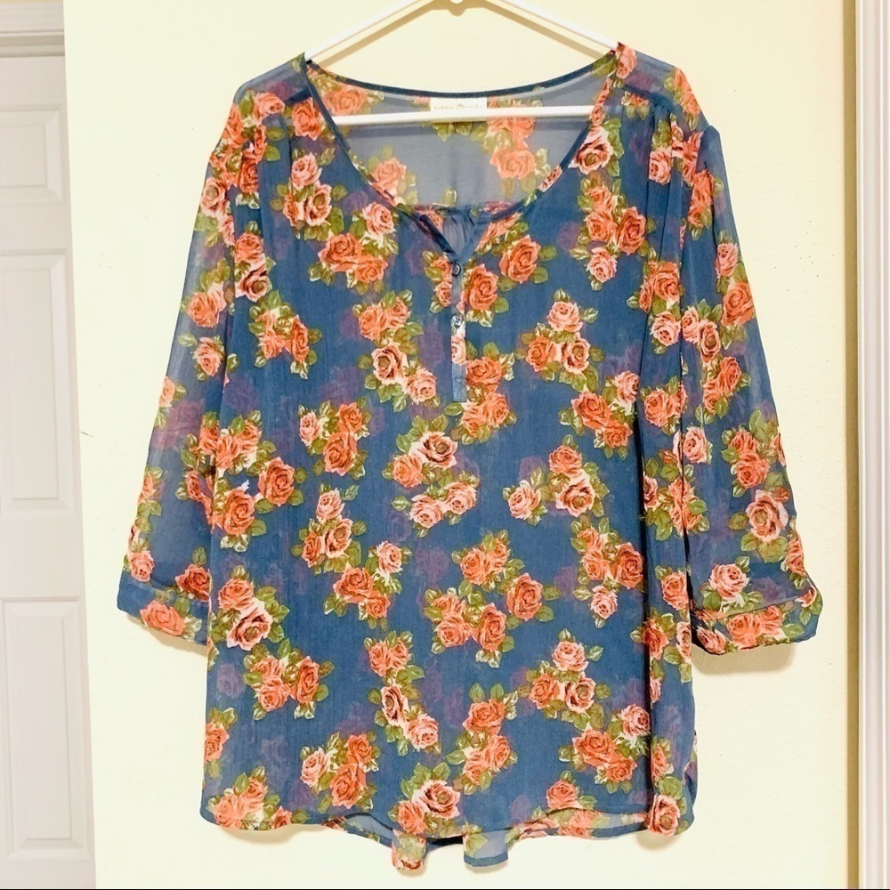 Bobbie Brooks Blue Floral Sheer 3/4 Sleeve Top 2X